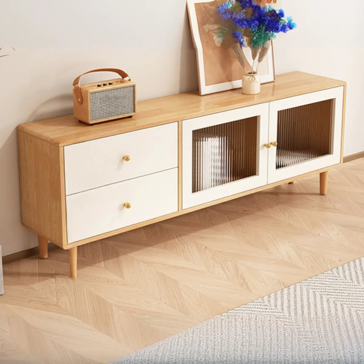 Natural-White Wood TV Stand with Drawers Cabinet Image - 8