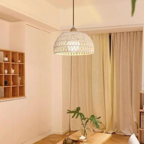 Natural White Woven Rattan Dome Dining Room Pendant Light Image - 1