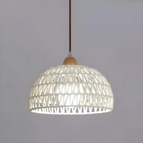 Natural White Woven Rattan Dome Dining Room Pendant Light Image - 2