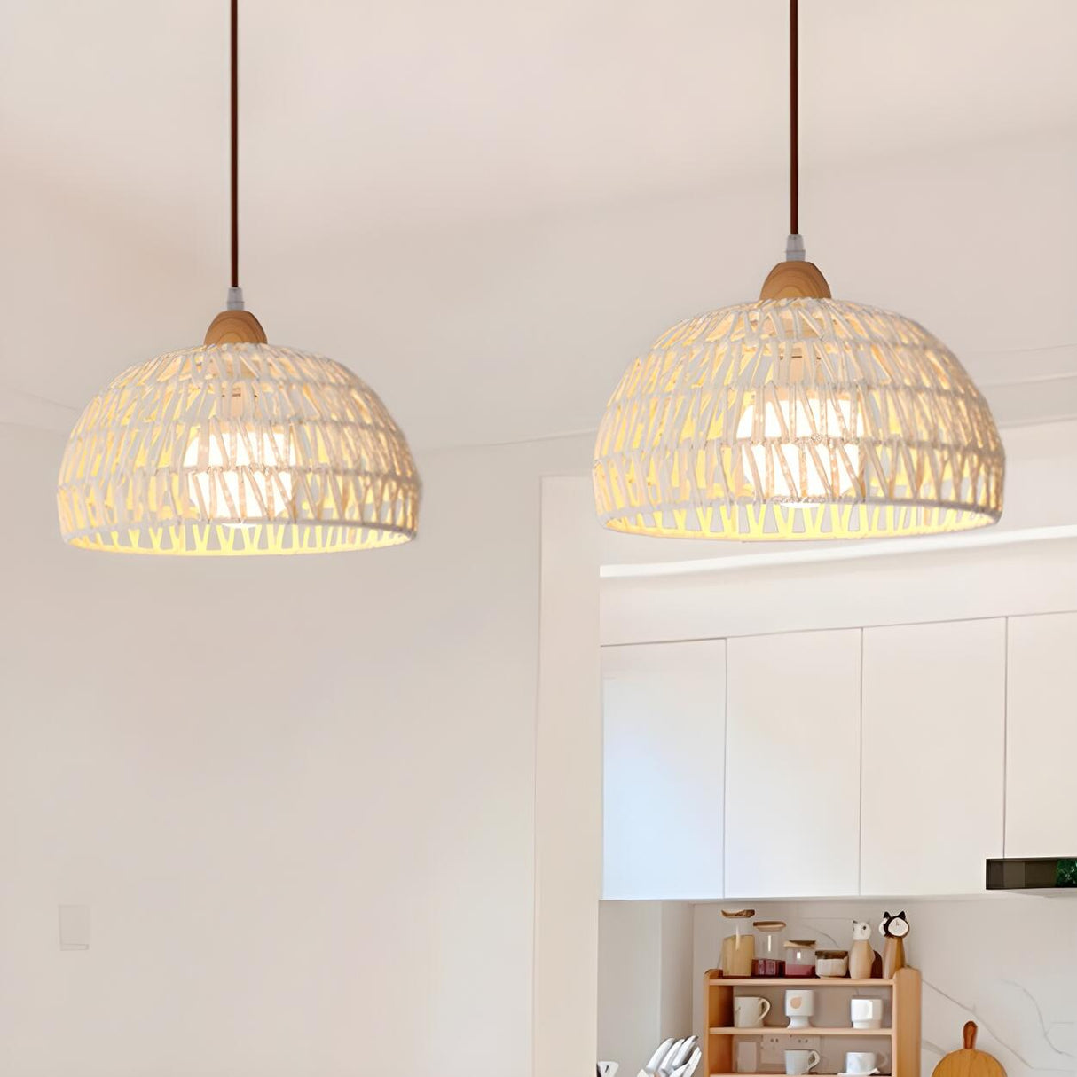 Natural White Woven Rattan Dome Dining Room Pendant Light Image - 5