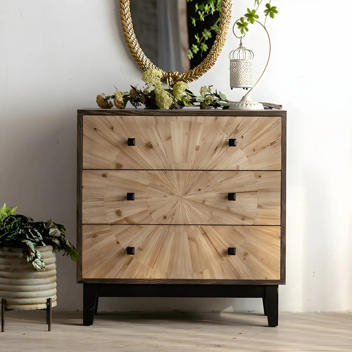 Natural Wood Black Base Horizontal Chest with Drawers Image - 1