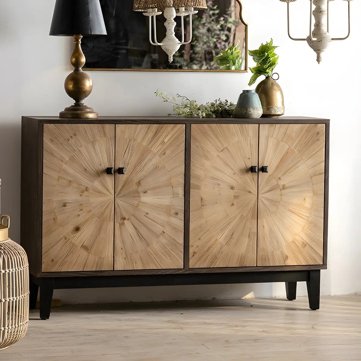 Natural Wood Black Base Horizontal Chest with Drawers Image - 3