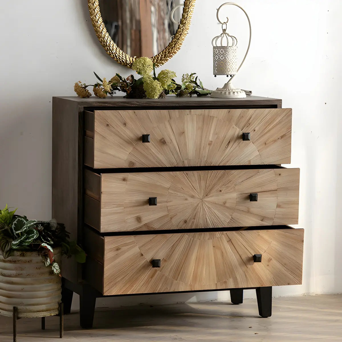 Natural Wood Black Base Horizontal Chest with Drawers Image - 9