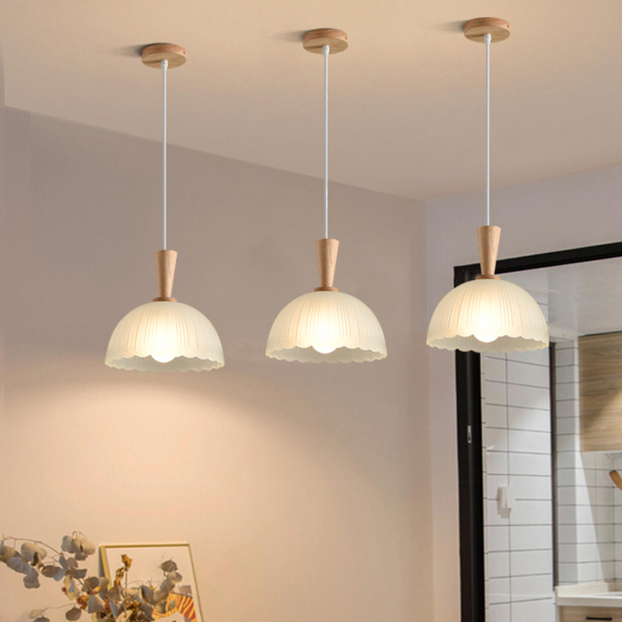 Natural Wood Clear Frosted Glass Dome Pendant Lights Image - 1