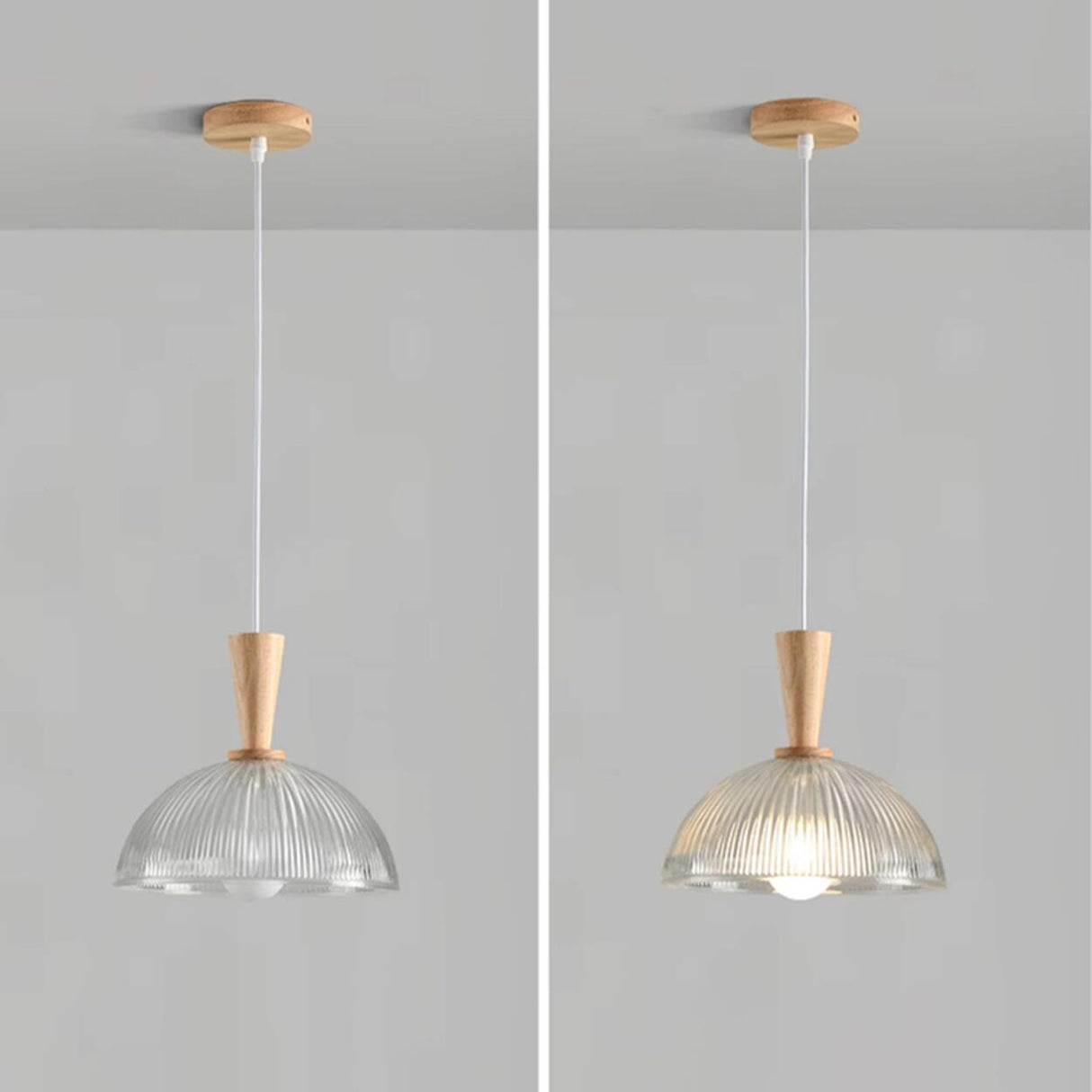 Natural Wood Clear Frosted Glass Dome Pendant Lights Image - 16