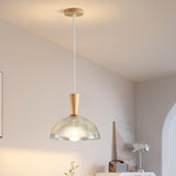 Natural Wood Clear Frosted Glass Dome Pendant Lights Image - 3