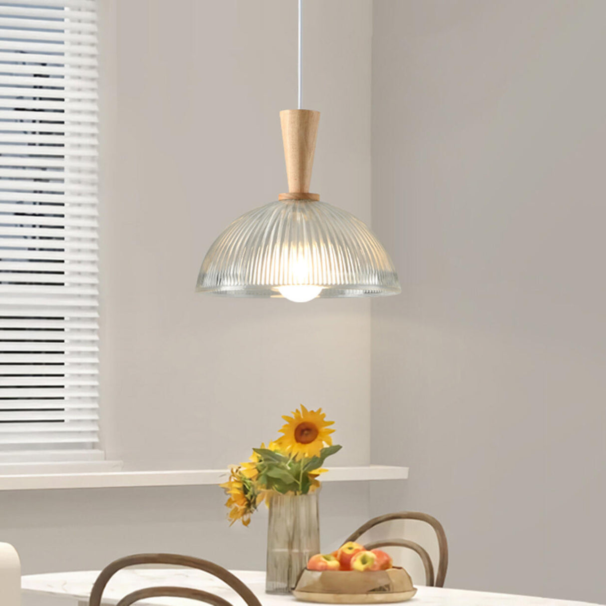 Natural Wood Clear Frosted Glass Dome Pendant Lights Image - 4