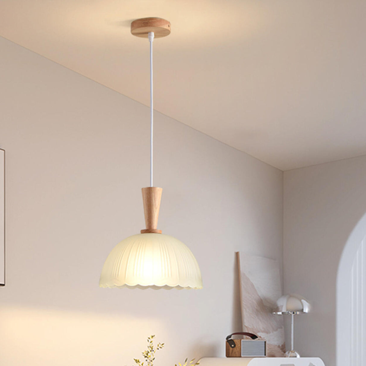 Natural Wood Clear Frosted Glass Dome Pendant Lights Image - 6