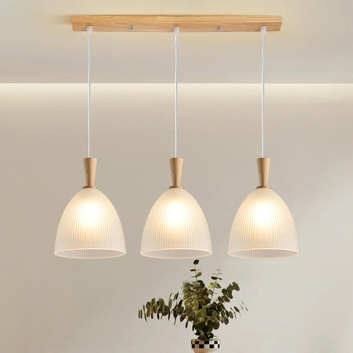 Natural Wood Clear Frosted Glass Dome Pendant Lights Image - 7