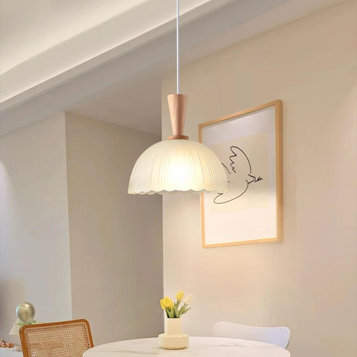 Natural Wood Clear Frosted Glass Dome Pendant Lights Image - 8