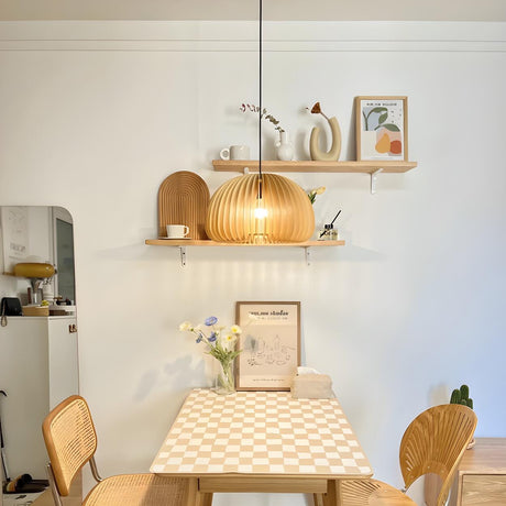 Natural Wood Dome Pumpkin Dining Room Pendant Light Image - 2