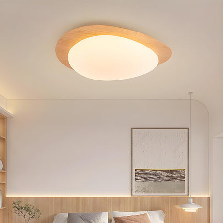 Natural Wood Egg-Shaped LED Flush Mount Ceiling Light Image - 2