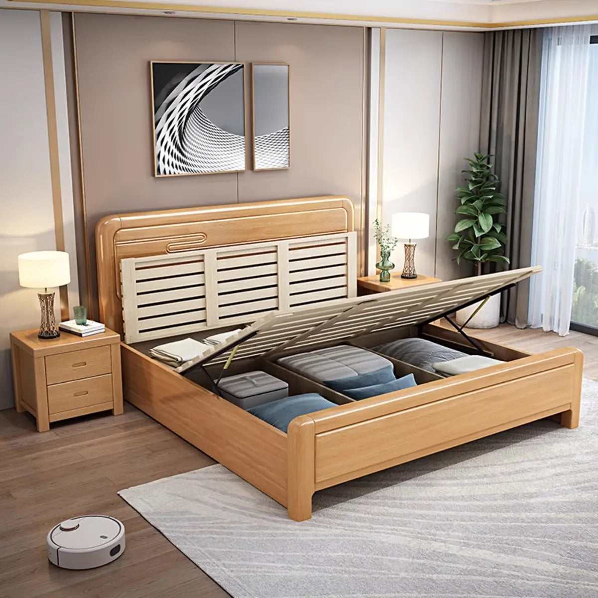 Natural Wood Headboard Queen Size Storage Bed with Drawers Image - 2