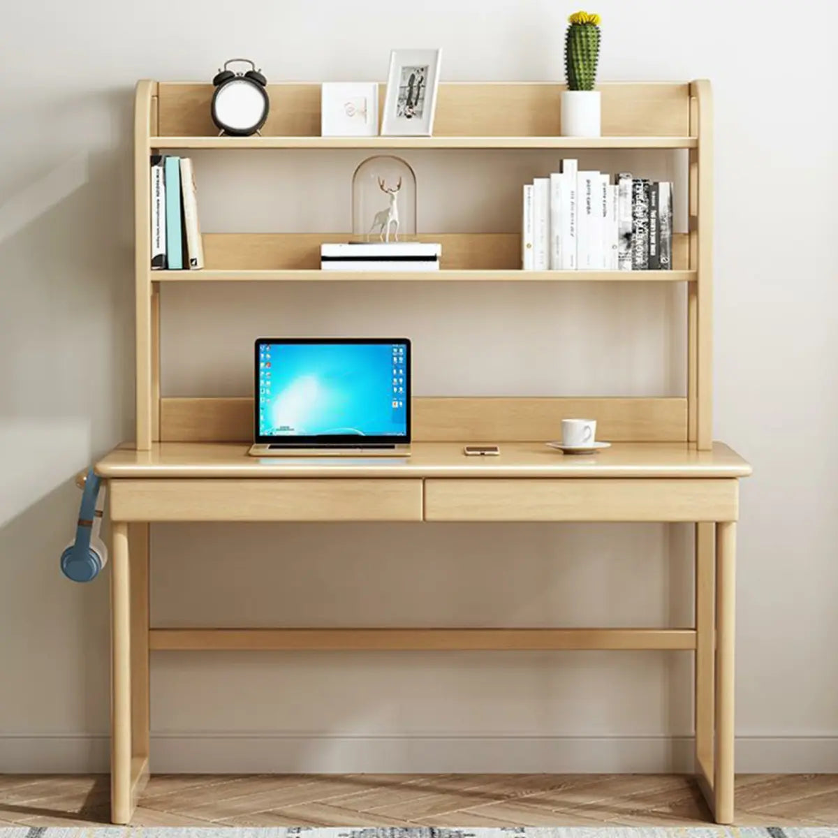 Natural Wood Hutch Drawers Bookcase Sled Credenza Desk Image - 1