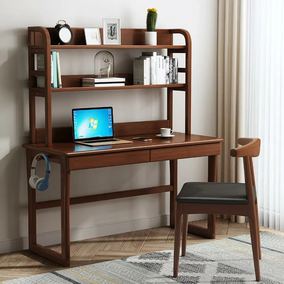 Natural Wood Hutch Drawers Bookcase Sled Credenza Desk Image - 8