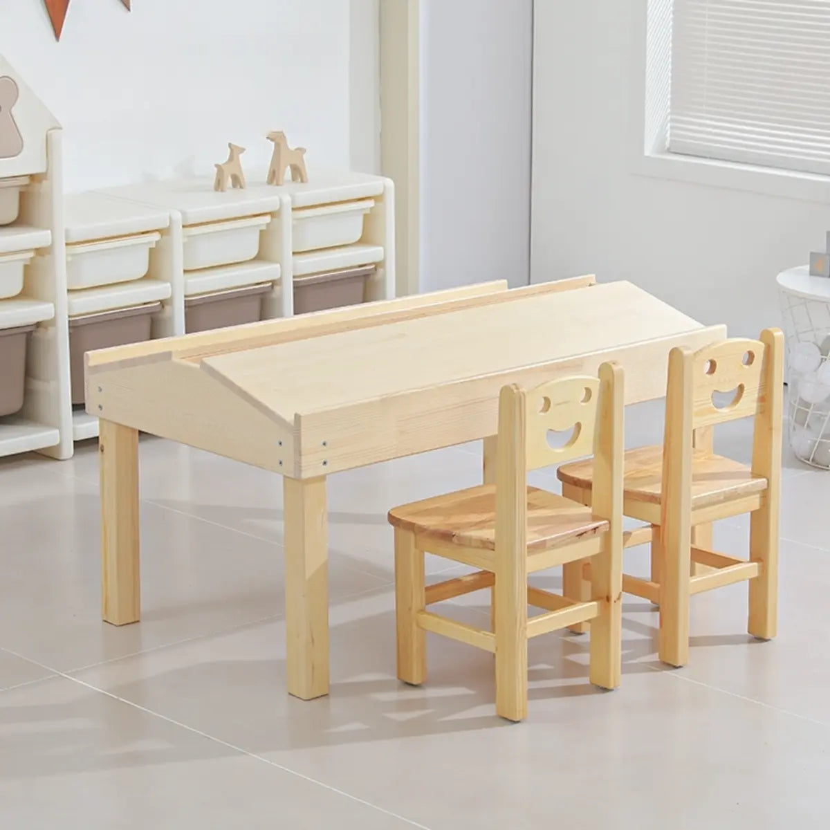 Natural Wood Kids Learning Table Chair Set with Storage Image - 3