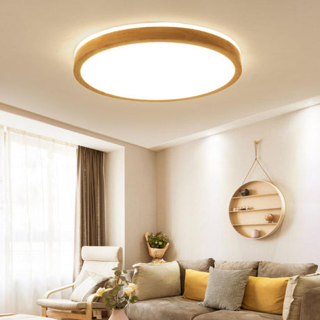 Natural Wood LED Flush Mount Light Minimalist Round Image - 2