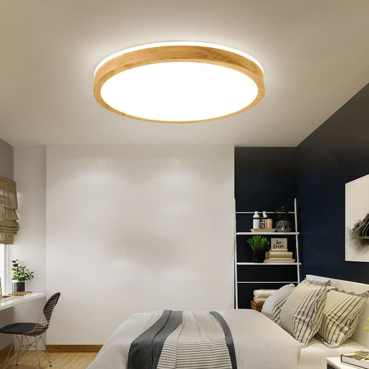 Natural Wood LED Flush Mount Light Minimalist Round Image - 3