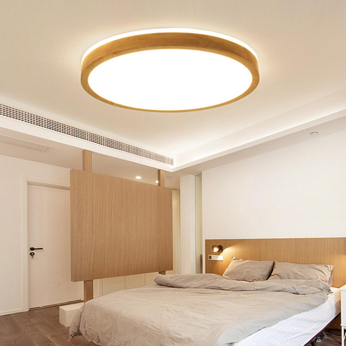 Natural Wood LED Flush Mount Light Minimalist Round Image - 4