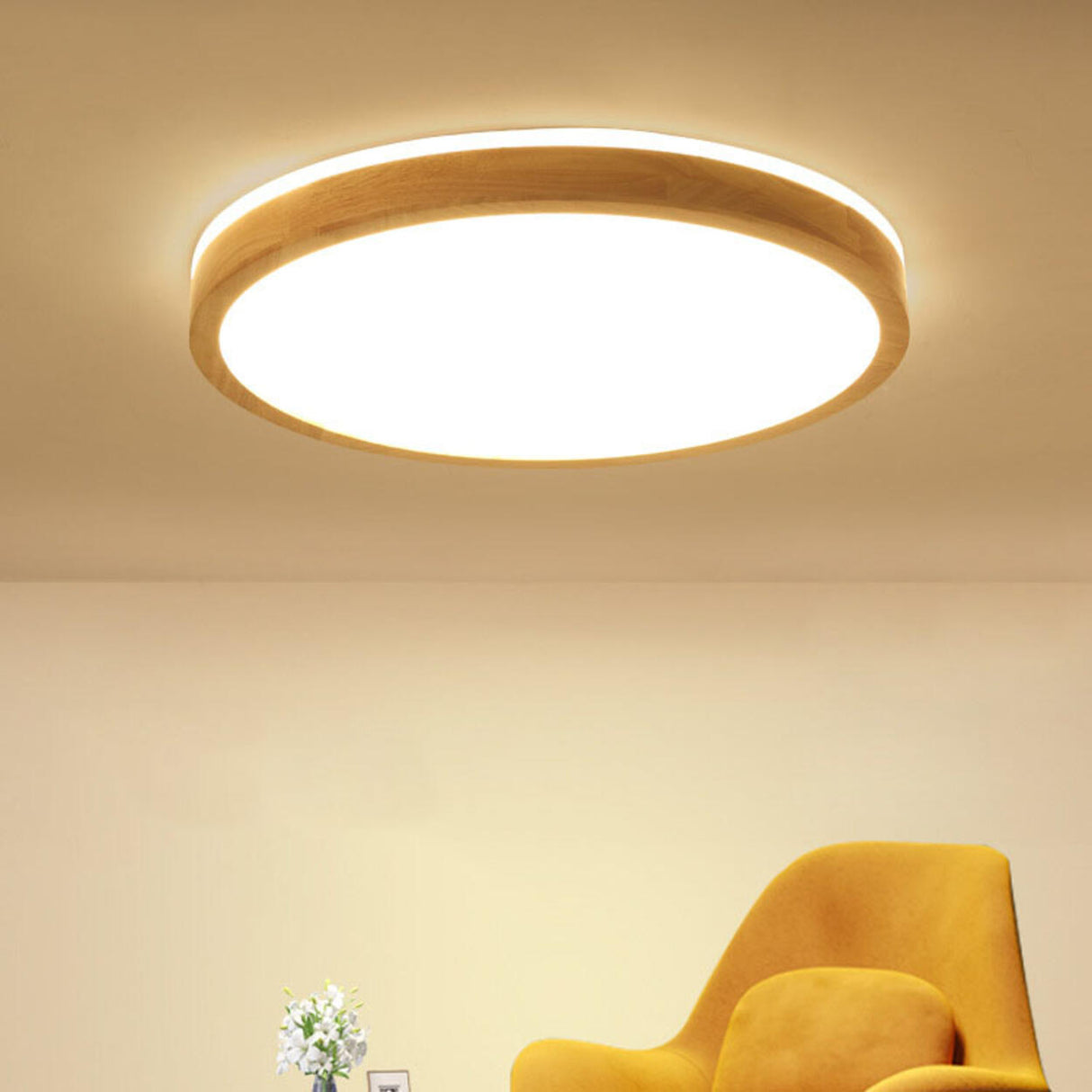 Natural Wood LED Flush Mount Light Minimalist Round Image - 5