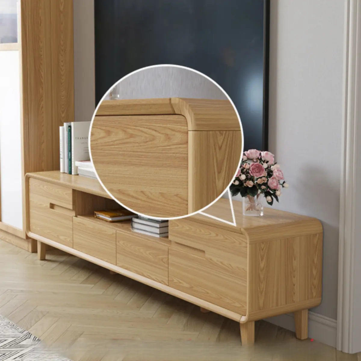 Natural Wood Open Storage Drawers Rectangular TV Stand Image - 11