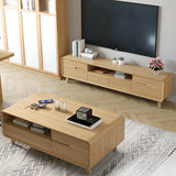 Natural Wood Open Storage Drawers Rectangular TV Stand Image - 6