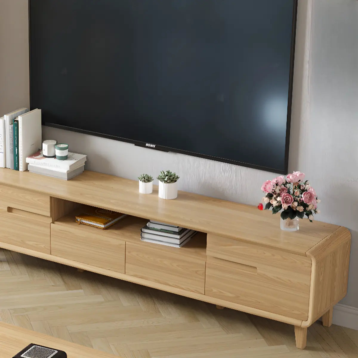 Natural Wood Open Storage Drawers Rectangular TV Stand Image - 7