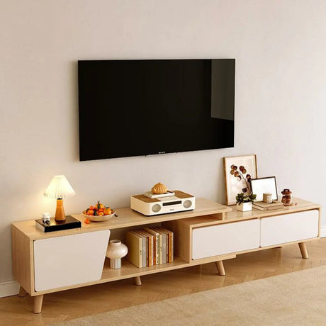 Natural Wood Open Storage Drawers TV Stand with Legs Image - 1