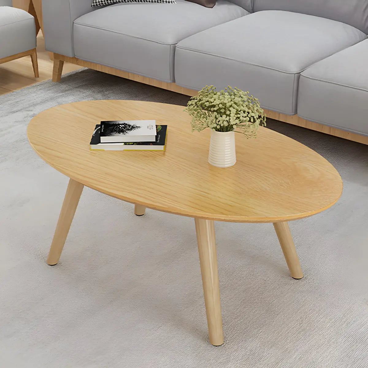 Natural Wood Oval Round Three Leg Bunching Coffee Table Image - 6