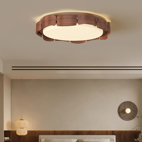 Natural Wood Petal Round LED Flush Mount Ceiling Light Image - 2