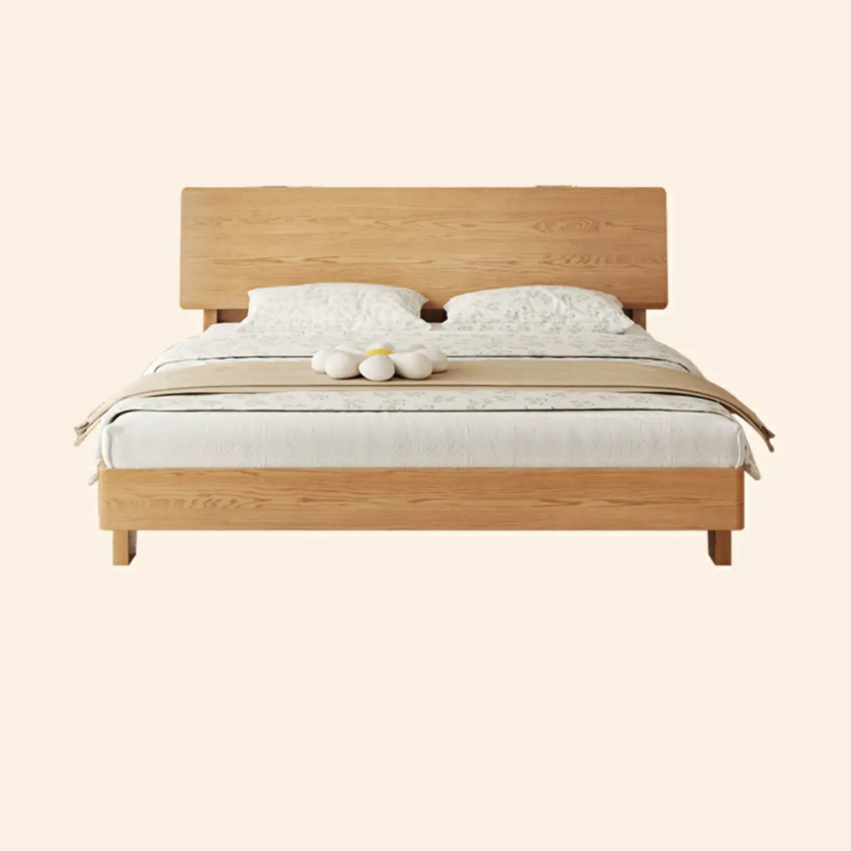 Natural Wood Queen Panel Shelves Bed Frame with Headboard Image - 2