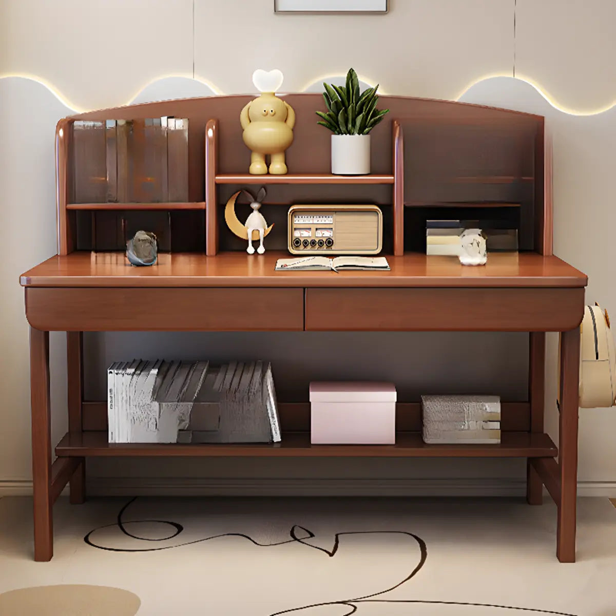 Natural Wood Rectangle Hutch and Drawers Computer Desk Set Image - 4