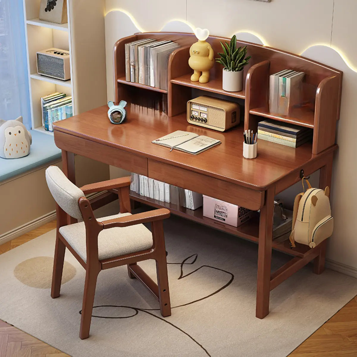 Natural Wood Rectangle Hutch and Drawers Computer Desk Set Image - 9