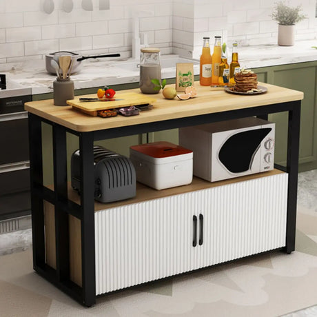 Natural Wood Rectangle Kitchen Island with Open Storage Image - 2