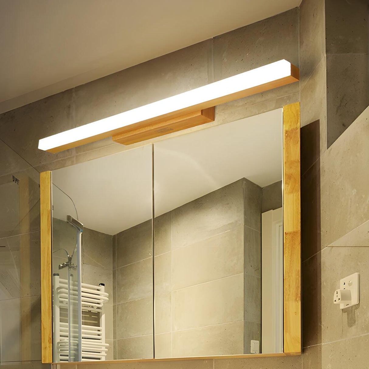 Natural Wood Rectangular LED Bathroom Vanity Light Image - 6