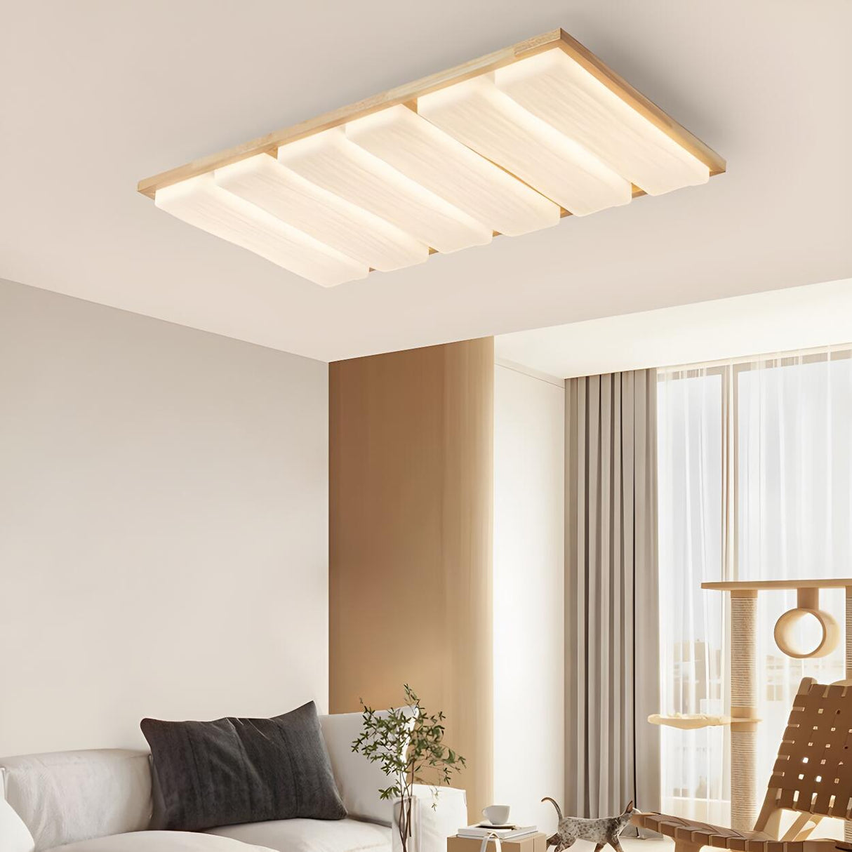 Natural Wood Rectangular LED Flush Mount Ceiling Light Image - 12