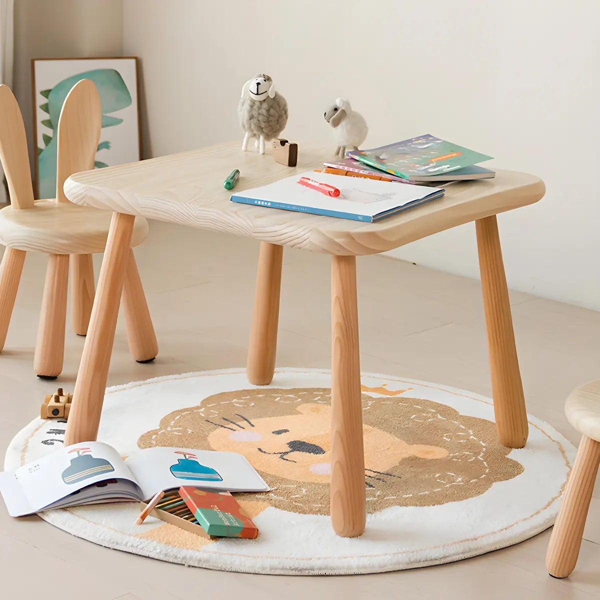 Natural Wood Round Toddler Painting Table Chair Set Image - 3