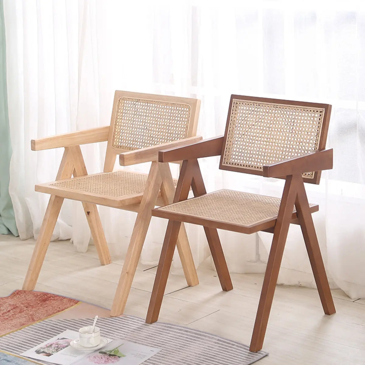 Natural Wood Seat Armrest Rattan Open Back Dining Chair Image - 1