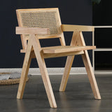 Natural Wood Seat Armrest Rattan Open Back Dining Chair Image - 3