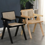 Natural Wood Seat Armrest Rattan Open Back Dining Chair Image - 4