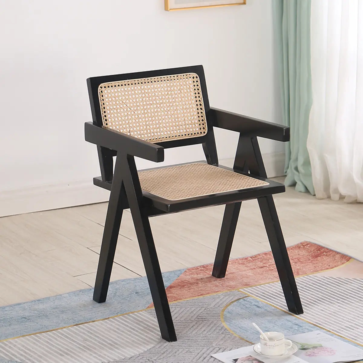 Natural Wood Seat Armrest Rattan Open Back Dining Chair Image - 8