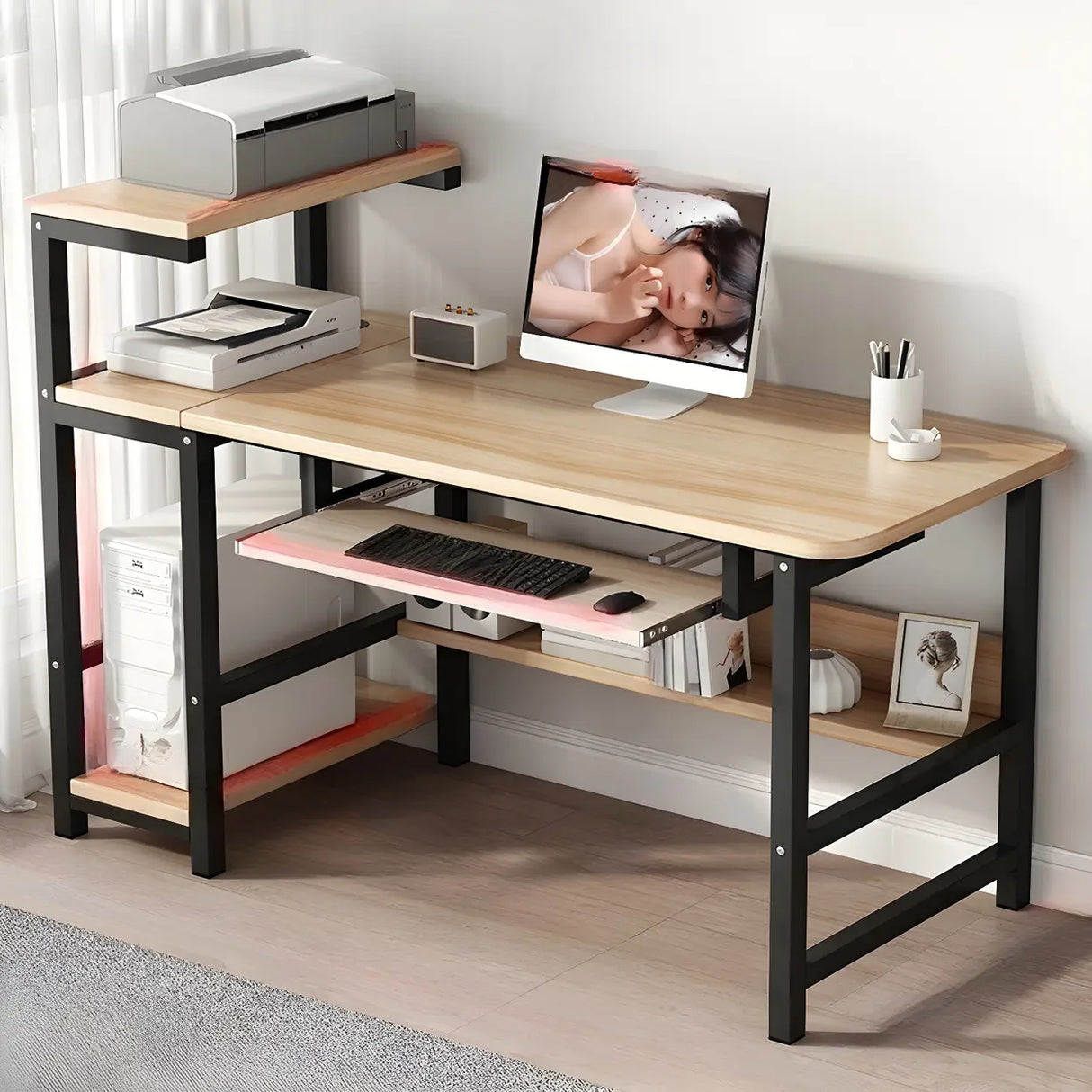 Natural Wood Shelving Storage H-Shape Computer Desk Image - 1