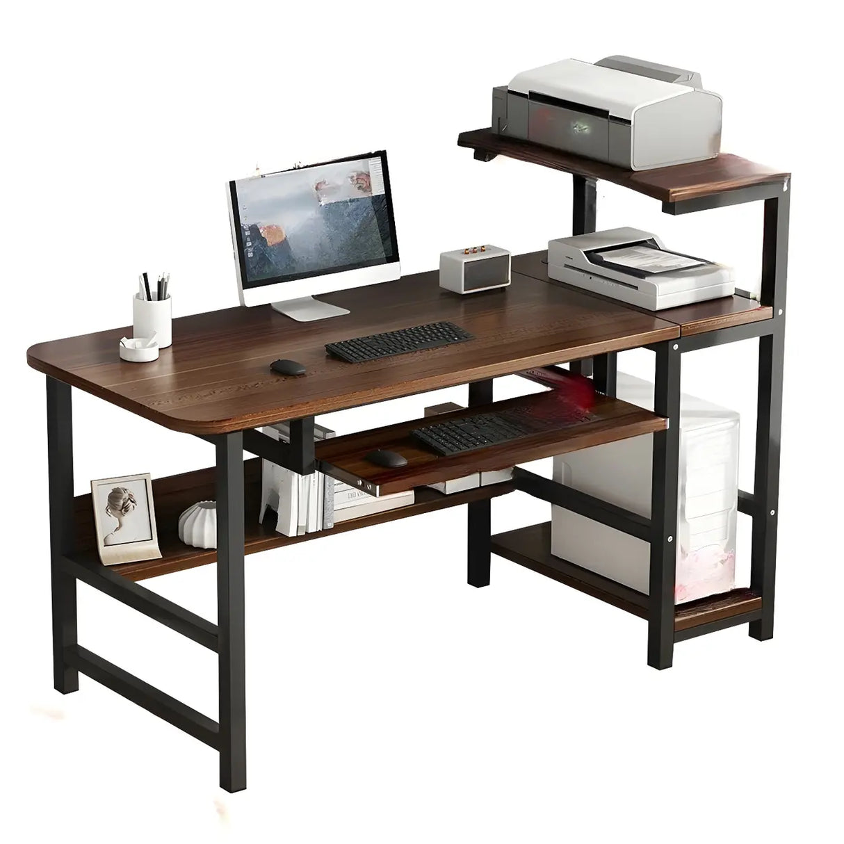 Natural Wood Shelving Storage H-Shape Computer Desk Image - 2