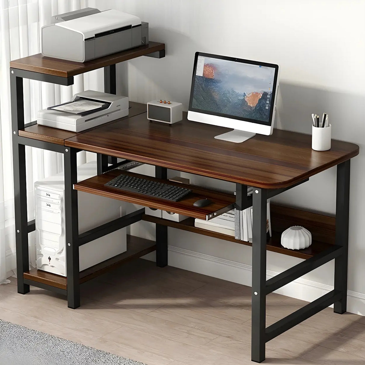 Natural Wood Shelving Storage H-Shape Computer Desk Image - 3