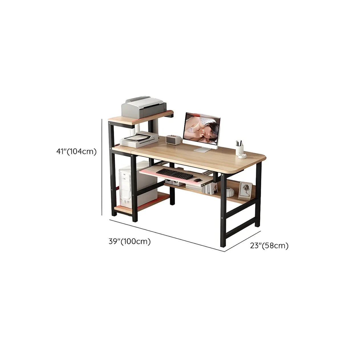 Natural Wood Shelving Storage H-Shape Computer Desk 