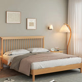 Natural Wooden Brown Queen Slat Bed with Headboard Image - 1