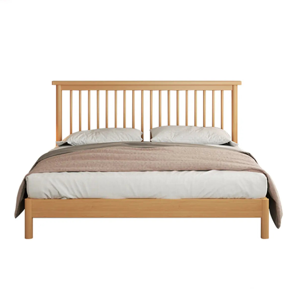 Natural Wooden Brown Queen Slat Bed with Headboard Image - 2