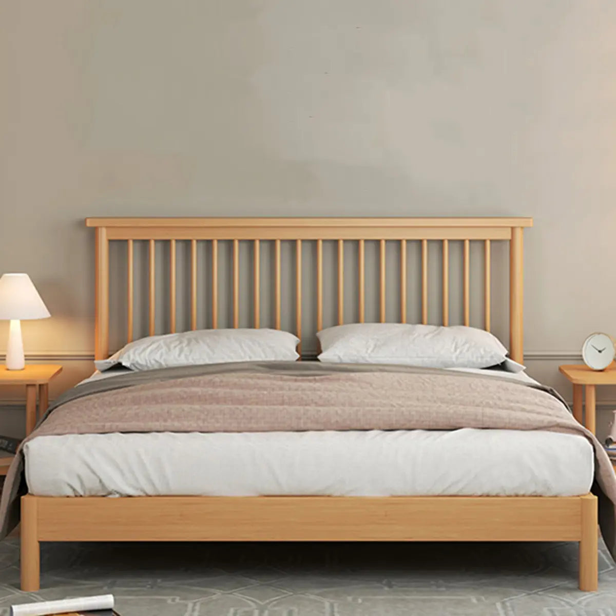 Natural Wooden Brown Queen Slat Bed with Headboard Image - 3