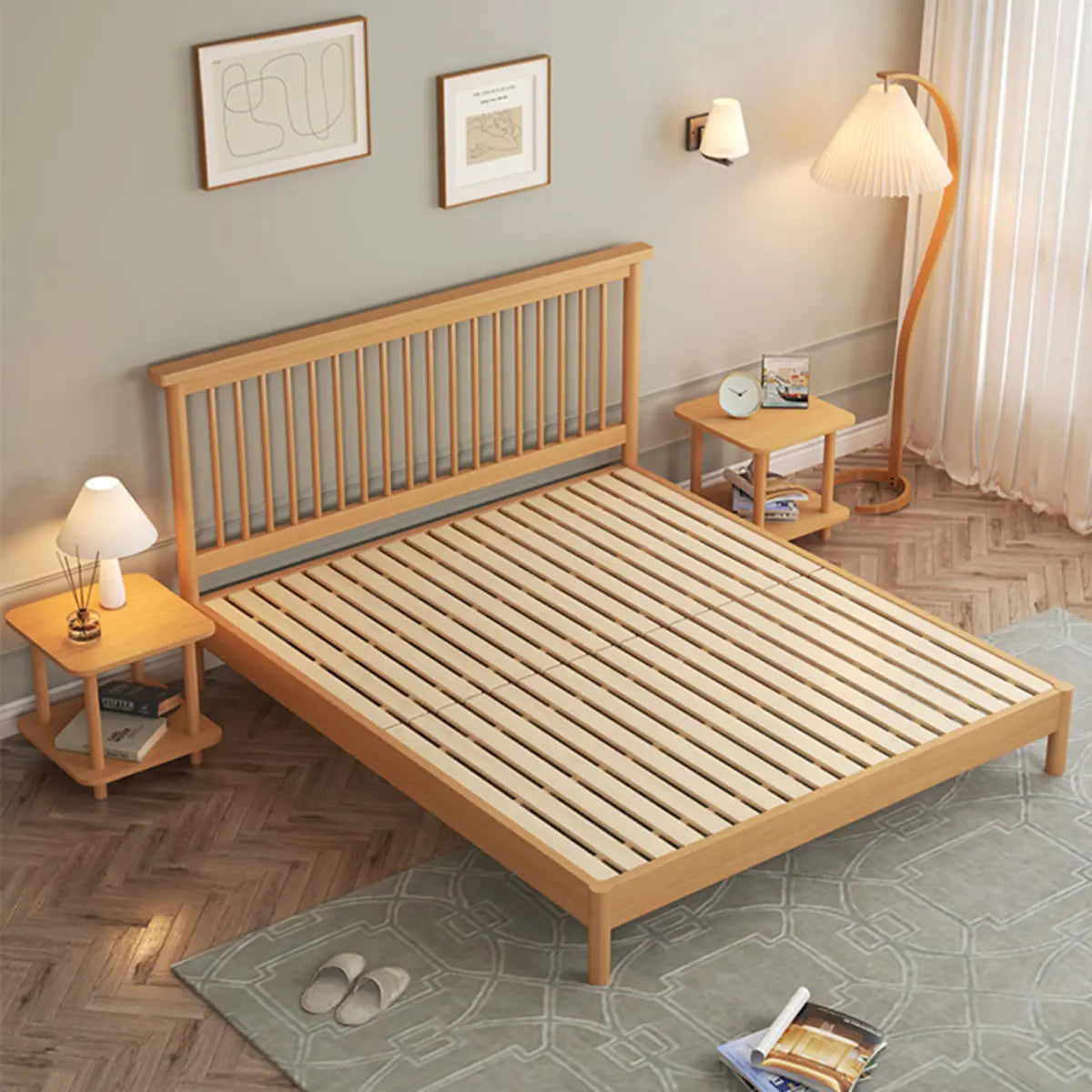 Natural Wooden Brown Queen Slat Bed with Headboard Image - 4