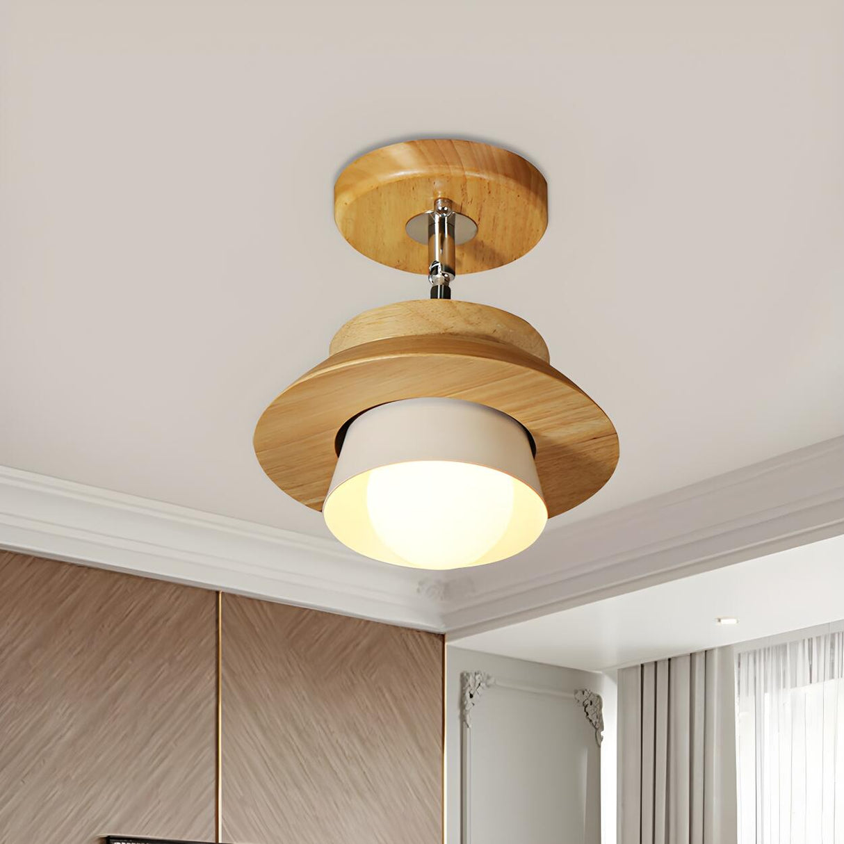 Natural Wooden Cap Rotatable Semi-Flush Mount Light Image - 2